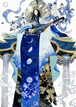 1girl absurdres animal_print artist_logo bird bird_print black_eyeshadow black_hair blue_kimono closed_eyes colored_fingertips eyelashes eyeshadow flower highres holding instrument japanese_clothes karaginu_mo kimono layered_kimono logo long_hair makeup moon_print music open_mouth original playing_instrument print_kimono shamisen shiguretau singing sitting solo thick_eyebrows wide_sleeves