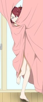 1girl :o brown_hair curtains embarrassed gogottu2000 hair_bobbles hair_ornament implied_nudity indoors komari_chika looking_at_viewer make_heroine_ga_oo_sugiru! short_hair solo standing standing_on_one_leg