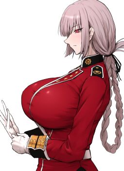 1girl braid breasts closed_mouth commentary_request fate/grand_order fate_(series) florence_nightingale_(fate) folded_braid folded_ponytail from_side gloves highres huge_breasts jacket long_hair mandarin_collar pink_hair red_eyes red_jacket shiroshisu simple_background solo very_long_hair white_background white_gloves