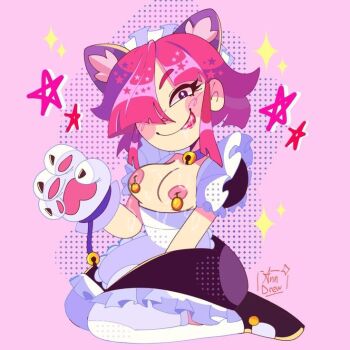 animal_ears animal_hands ann_drew brawl_stars cat_ears cat_girl cat_paws colette_(brawl_stars) maid nipple_piercing piercing pink_hair simple_background smile smiley_face supercell_(band) tagme tongue tongue_out