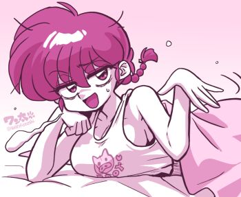 1girl blanket braid breasts genderswap genderswap_(mtf) hair_between_eyes no_bra open_mouth ranma-chan ranma_1/2 saotome_ranma sideboob single_braid solo