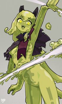 1girl asymmetrical_footwear bisected breasts broken_horn colored_skin cuts green_eyes green_hair green_skin highres horns injury mandy_(milkytiddyboy) medium_breasts milkytiddyboy mismatched_footwear monster_girl open_mouth original patchwork_clothes polka_dot polka_dot_background severed_arm severed_limb severed_torso signature skeleton slime_girl solo transparent