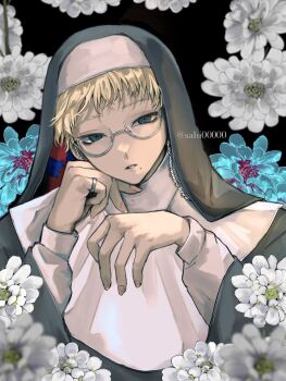1boy black_veil blonde_hair blue_eyes choppy_bangs commentary_request crossdressing crossdressing_(mtf) floral_background flower glasses guimpe hands_up head_rest highres jewelry long_sleeves looking_at_viewer male_focus mole mole_under_eye nun original parted_lips ring sahi00000 short_hair solo upper_body veil white_flower