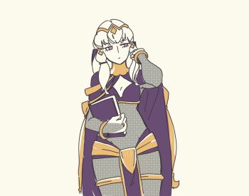 1girl absurdres adjusting_hair alternate_costume bangle black_bridal_gauntlets bodystocking book bracelet breasts bridal_gauntlets cape cape_hold cleavage clericknight closed_mouth clothing_cutout cosplay cowboy_shot fire_emblem fire_emblem:_three_houses fire_emblem_awakening gold_thighlet gold_trim groin hair_ornament hand_up highres hip_vent holding holding_book jewelry long_hair lysithea_von_ordelia lysithea_von_ordelia_(timeskip) nintendo pelvic_curtain purple_cape purple_eyes ring see-through_bridal_gauntlets simple_background skin_tight small_breasts solo tharja_(fire_emblem) tharja_(fire_emblem)_(cosplay) thighlet tiara white_background white_hair wide_hips