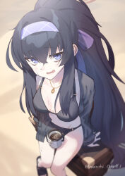 Rule 34 | 1girl, bags under eyes, bikini, black bikini, black cardigan, black hair, blue archive, blue hairband, blush, breasts, cardigan, commentary request, cup, hair between eyes, hairband, highres, holding, holding cup, ice, long hair, looking at viewer, mug, naochi (bobi8081), o-ring, o-ring bottom, official alternate costume, on suitcase, open cardigan, open clothes, open mouth, ponytail, sandals, sitting, small breasts, solo, suitcase, sweat, swimsuit, twitter username, ui (blue archive), ui (swimsuit) (blue archive), very long hair, wavy mouth
