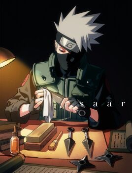 Rule 34 | 1boy, absurdres, artist name, black gloves, cleaning, cleaning weapon, fingerless gloves, flak jacket, forehead protector, gloves, grey hair, hatake kakashi, highres, holding, holding kunai, holding weapon, jacket, konohagakure symbol, kunai, lamp, long sleeves, male focus, mask, mouth mask, naruto (series), one eye covered, saarcheung, scroll, shuriken, solo, spiked hair, table, upper body, weapon
