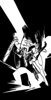 Rule 34 | 1boy, 1girl, absurdres, apron, bare shoulders, barefoot, black apron, black bow, black gloves, black pants, bomb, bomb devil (chainsaw man), bow, breasts, chainsaw, chainsaw man, collared shirt, denji (chainsaw man), elbow gloves, explosive, fighting, full body, gloves, greyscale, highres, legs, margare, medium breasts, monochrome, pants, reze (chainsaw man), shirt, sketch, teeth, white shirt