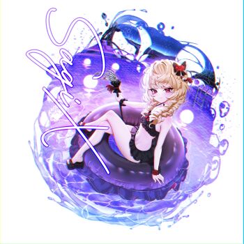 1girl absurdres afloat bikini black_bikini blonde_hair blonde_ojousama_(sagix) blush cane commentary_request commission crossed_legs drill_hair flat_chest frilled_bikini frills full_body highres innertube kiari_art long_hair looking_at_viewer navel night original pixiv_commission pool red_eyes smile solo swim_ring swimsuit