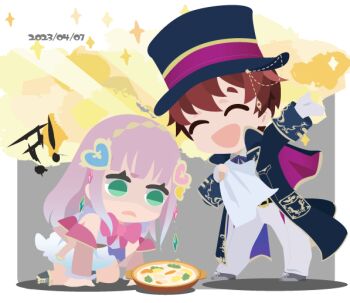 Rule 34 | !?, 01 (zeroichi srl), 1boy, 1girl, :d, all fours, arm up, atelier (series), atelier lulua, black coat, bowl, brown hair, chibi, closed eyes, coat, commentary request, elmerulia frixell, ficus finis, food, frown, full body, gloves, green eyes, hat, holding cloth, long hair, long sleeves, magic trick, magician, no lineart, open mouth, pants, shaded face, shoes, short hair, smile, standing, stew, surprised, top hat, white pants