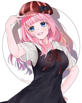 Rule 34 | 1girl, arm up, black bow, black dress, blue eyes, bow, breasts, collared dress, commentary request, dress, fujiwara chika, hair bow, hand on own hip, hat, kaguya-sama wa kokurasetai ~tensai-tachi no renai zunousen~, long hair, looking at viewer, neck ribbon, newsboy cap, open mouth, pink hair, red hat, red ribbon, ribbon, school uniform, shadow, shuuchiin academy school uniform, simple background, smile, solo, teracha1