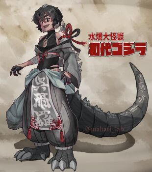 1girl absurdres animal_ears arm_tattoo baggy_pants bandages black_hair bodysuit claws cosplay dinosaur_girl fossil genderswap genderswap_(mtf) gloves godzilla godzilla_(1954_movie) godzilla_(cosplay) godzilla_(series) grey_background grey_hair highres humanization japanese_text jewelry kaiju leotard loincloth mahari_lab monster_girl multicolored_hair necklace open_mouth pants personification pointy_ears ribbon rope shadow sharp_teeth short_hair shoulder_tattoo simple_background spikes tail tattoo teeth toho tongue trilobite two-tone_hair yin_yang yin_yang_tattoo