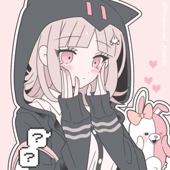 1girl :d ? black_jacket blush bow brown_hair closed_mouth danganronpa_(series) danganronpa_2:_goodbye_despair ear_bow flipped_hair hair_ornament hands_on_own_cheeks hands_on_own_face hands_up heart heterochromia hood hooded_jacket jacket komanami_kawaii long_sleeves medium_hair monomi_(danganronpa) nanami_chiaki open_clothes open_jacket open_mouth pink_eyes shirt smile spoken_question_mark upper_body white_shirt