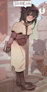 ! 1girl 2boys acolyte_(ragnarok_online) black_hair blush book brown_capelet brown_pantyhose brown_shirt cape capelet cat_boy commentary_request full_body furry furry_male grey_hair gsusart hairband highres holding holding_book long_hair long_sleeves looking_at_viewer mage_(ragnarok_online) multiple_boys open_mouth pantyhose pullcart purple_hairband ragnarok_online shirt shoes skirt solo_focus spoken_exclamation_mark summoner_(ragnarok_online) white_capelet white_skirt