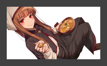 1girl absurdres black_capelet black_skirt blunt_bangs blush bowl brown_hair capelet closed_mouth commentary_request dutch_angle eyelashes food full_body headscarf highres holding holding_bowl holding_spoon holo incoming_food invisible_chair long_hair long_skirt long_sleeves looking_at_viewer making-of marutenmaruten red_eyes shirt simple_background sitting skirt smile solo soup spice_and_wolf spoon straight_hair white_background white_headscarf white_shirt wolf_girl wooden_bowl wooden_spoon