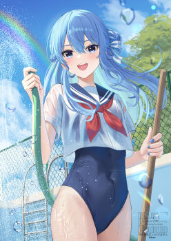 1girl :d blue_eyes blue_hair blue_one-piece_swimsuit blue_sailor_collar blue_sky cloud colored_inner_hair commentary_request covered_navel day double-parted_bangs empty_pool hair_between_eyes hair_bun highres holding holding_hose hololive hose hoshimachi_suisei long_hair looking_at_viewer multicolored_hair nakaneabura8623 neckerchief official_alternate_hairstyle one-piece_swimsuit open_mouth outdoors pool rainbow red_neckerchief sailor_collar sailor_shirt school_swimsuit shirt short_sleeves side_up_bun sidelocks single_side_bun sky smile solo star_(symbol) star_in_eye swimsuit swimsuit_under_clothes symbol_in_eye teeth upper_teeth_only virtual_youtuber water wet wet_clothes wet_shirt white_shirt