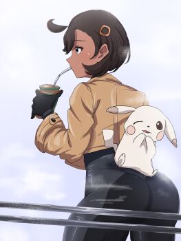 1girl ass black_bodysuit black_gloves black_hair bodysuit bodysuit_under_clothes brown_jacket commentary_request cowboy_shot cowlick cup dark-skinned_female dark_skin disposable_cup drinking drinking_straw drinking_straw_in_mouth emma_(pokemon) from_behind gen_1_pokemon gloves hair_between_eyes hair_ornament highres holding holding_cup jacket kamatani_ranger latex latex_bodysuit long_sleeves looking_at_viewer nintendo orange_gloves peakychu pikachu pokemon pokemon_(creature) pokemon_legends:_z-a purple_eyes short_hair sidelocks simple_background sitting sitting_on_person standing swept_bangs two-tone_gloves white_background