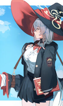 absurdres blue_archive blush_sticker book bow bowtie braid cloud eri_(blue_archive) gun halo hat highres holding holding_book holding_strap jacket jewelry long_coat long_hair looking_to_the_side orange_eyes ring shirt skirt sky sleeves_past_wrists strap sweater thighs uuc_(yuyudanngo) weapon white_hair witch_hat