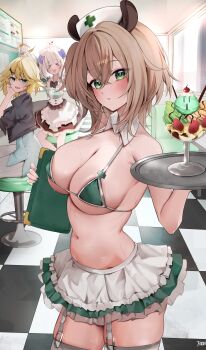3girls absurdres alternate_costume animal_ears bikini blonde_hair breasts commentary crossed_bangs detached_collar diner dokibird dokibird_(bounty_hunter) double-parted_bangs english_commentary garter_straps green_bikini green_eyes hair_between_eyes hair_ribbon hat highres holding holding_tray indie_virtual_youtuber indoors large_breasts looking_at_viewer miniskirt mint_fantome mint_fantome_(minto_2.0) multiple_girls nimi_nightmare nurse_cap one_side_up ribbon short_hair skirt swimsuit takida_185 tapir_ears tapir_girl thighhighs tile_floor tiles tray virtual_youtuber waitress white_thighhighs