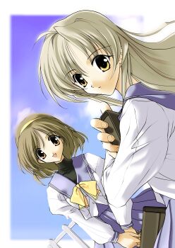 2girls absurdres bag bow bowtie brown_hair futami_shion hairband highres holding holding_bag imasaka_yue long_hair looking_at_viewer memories_off memories_off_1 multiple_girls non-web_source official_art open_mouth school_uniform smile turtleneck yellow_bow yellow_bowtie