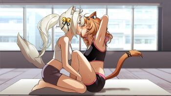 2girls absurdres animal_ears arms_behind_head bell black_shirt clenched_teeth closed_eyes exercising filian_(vtuber) fox_ears fox_girl fox_tail franek89 gym_shirt gym_shorts hair_bell hair_ornament highres holding_another's_legs indie_virtual_youtuber kiss multiple_girls orange_hair purple_eyes shirt shorts shyrei_faolan sit-up surprise_kiss surprised tail teeth virtual_youtuber white_hair white_shirt yuri