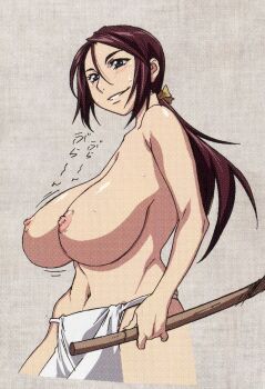 1girl assassin blue_eyes blush breast_focus breasts brown_hair fundoshi holding holding_sheath huge_breasts in_heat japanese_clothes jiggle katana loincloth long_hair manyuu_hikenchou mature_female navel nipples official_art okami_(manyuu_hikenchou) patterned_background ponytail reference_sheet sagging_breasts sarashi scan sheath sheathed simple_background smile solo source_request stomach sweat sword takagi_jun topless_female weapon wide_hips