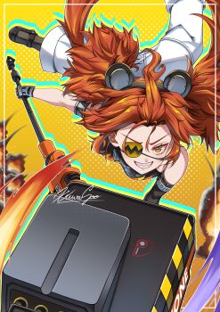 1girl absurdres ahoge animal_ears bare_shoulders bear_ears black_gloves breasts crop_top eyepatch fake_animal_ears fingerless_gloves gloves hair_between_eyes hair_ornament highres holding koleda_belobog long_hair looking_at_viewer midriff navel original pants red_eyes red_hair solo sphere_hair_ornament twintails xuwasoo zenless_zone_zero