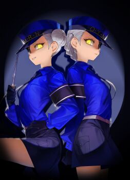 >:) 2girls :| absurdres baton_(weapon) black_gloves blue_hat blue_shirt boridongja braid caroline_(persona_5) closed_mouth commentary expandable_baton eyepatch gloves grey_hair hair_bun hat highres holding_baton_(weapon) justine_(persona_5) long_hair looking_at_viewer multiple_girls necktie persona persona_5 shirt shorts siblings sisters smile symbol-only_commentary twins v-shaped_eyebrows weapon yellow_eyes