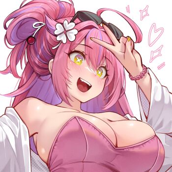 1girl :d ahoge arm_up bare_shoulders blush breasts bright_pupils cleavage colored_inner_hair commentary eyewear_on_head gradient_eyes hair_between_eyes hair_ornament heart highres huge_ahoge large_breasts leotard long_hair looking_to_the_side multicolored_eyes multicolored_hair nail_polish off_shoulder open_clothes open_mouth open_shirt original pink_eyes pink_leotard pumiss purple_hair shirt sidelocks simple_background smile sunglasses symbol-shaped_pupils teeth tongue two-tone_hair upper_body upper_teeth_only v white_background white_pupils white_shirt x-shaped_pupils yellow_eyes yellow_nails