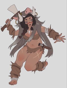 Rule 34 | 1girl, animal earrings, animal hood, arm warmers, arms up, axe, bandaged arm, bandaged foot, bandaged hand, bandages, barbarian, bare shoulders, barefoot, black hair, boar hood, braid, breasts, brown arm warmers, brown eyes, brown hair, brown leg warmers, brown loincloth, butako (poch4n), claws, cleavage, collarbone, commentary, dagger, dark-skinned female, dark skin, earrings, full body, gradient hair, grey background, holding, holding axe, hood, hood up, hoop earrings, jewelry, knife, leg warmers, long hair, looking to the side, medium breasts, midriff, multicolored hair, multiple scars, necklace, open mouth, original, poch4n, scabbard, scar, scar on arm, scar on breast, scar on stomach, scar on thigh, sheath, sidelocks, simple background, single braided sidelock, solo, teeth, toe claws, tooth necklace, upper teeth only, weapon