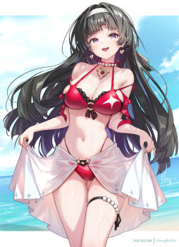 1girl alternate_costume artist_name astra_yao beach bead_necklace beads bikini black_hair blue_sky breasts cleavage cloud commentary_request day earrings hairband heart heart_earrings highres hong_(white_spider) jewelry large_breasts lifting_own_clothes long_hair looking_at_viewer navel necklace ocean open_mouth outdoors patreon_username purple_eyes red_bikini sky smile solo summer swimsuit thigh_strap thighs wet white_hairband zenless_zone_zero
