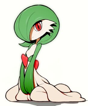 Rule 34 | 1girl, beeru (veil8801), blush, bob cut, breasts, closed mouth, collarbone, colored skin, female focus, full body, gardevoir, gen 3 pokemon, green hair, green skin, hair over one eye, happy, light blush, looking at viewer, multicolored skin, nintendo, one eye covered, own hands together, pokemon, pokemon (creature), red eyes, shiny skin, short hair, simple background, sitting, small breasts, smile, solo, two-tone skin, v arms, wariza, white background, white skin