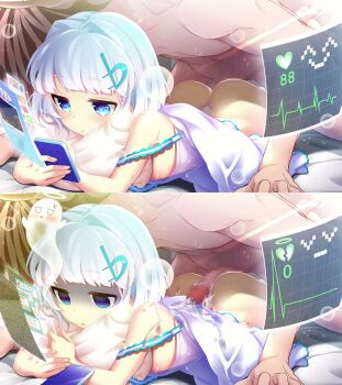 1boy 1girl aftersex ass bed blue_eyes blush breasts buttjob cellphone censored closed_mouth cum cum_in_pussy cum_on_ass cum_on_back cum_on_body cum_on_clothes dmm dress empty_eyes error_message film_grain flat_chest game_cg ghost hair_ornament halo heartbeat hetero kildoya_r loli lying monitor mosaic_censoring multitasking nipples on_bed open_mouth penis penis_on_ass phone pillow sex sex_from_behind shaded_face short_hair sideboob smartphone static sundress third-party_edit white_hair