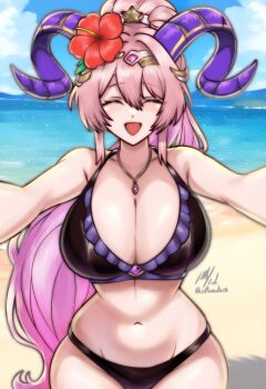 1girl artist_name beach bikini breasts closed_eyes commentary english_commentary fire_emblem fire_emblem_heroes flower goat_horns hair_flower hair_ornament highres horns huge_breasts incoming_hug jewelry long_hair navel necklace nerthuz_(fire_emblem) nerthuz_(summer)_(fire_emblem) nintendo ocean official_alternate_costume outdoors pink_hair ponytail pov purple_horns rotomdocs smile solo swimsuit very_long_hair