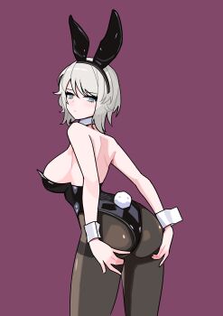 1girl absurdres alternate_costume animal_ear_hairband animal_ears ass black_leotard blue_eyes breasts catnip_scent closed_mouth detached_collar fake_animal_ears fake_tail faust_(project_moon) hairband highres leotard limbus_company looking_at_viewer looking_back playboy_bunny presenting presenting_ass project_moon purple_background rabbit_ear_hairband rabbit_ears rabbit_tail short_hair sideboob simple_background solo standing strapless strapless_leotard tail upper_body white_hair white_wrist_cuffs wrist_cuffs