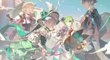 2boys 2girls alhaitham_(genshin_impact) aranara_(genshin_impact) beads blonde_hair collei_(genshin_impact) doupu41 dress eyepatch fingerless_gloves flower genshin_impact gloves green_eyes green_hair green_hat grey_hair hair_between_eyes hair_flower hair_ornament hat highres kaveh_(genshin_impact) long_hair multicolored_hair multiple_boys multiple_girls nahida_(genshin_impact) open_mouth pointy_ears purple_eyes red_eyes shirt side_ponytail smile symbol-shaped_pupils white_dress white_hair white_shirt