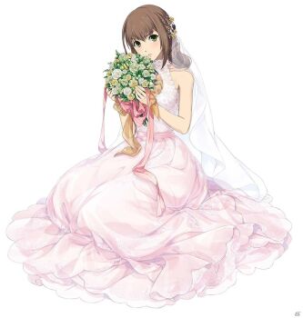 Rule 34 | 1girl, akatsuki no kiseki, bare arms, bouquet, brown hair, closed mouth, dress, duvalie, eiyuu densetsu, flower, full body, green eyes, hair ornament, holding, holding bouquet, long dress, long hair, looking at viewer, official art, sen no kiseki, sen no kiseki (series), sen no kiseki ii, simple background, sleeveless, sleeveless dress, solo, veil, wedding dress, white background, white dress, white flower, yellow flower