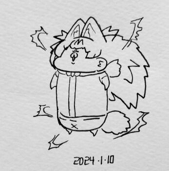 1girl 2024 :3 :o anger_vein animal_ears aura bow bowtie bruise cat_ears chibi dated dragon_ball highres injury kemono_friends koutarosu long_hair monochrome parody serval_(kemono_friends) smile style_parody super_saiyan super_saiyan_3 tail very_long_hair what