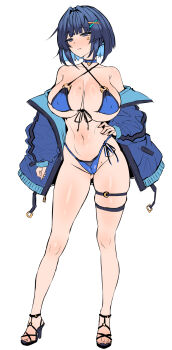 1girl bikini bikini_under_clothes blue_hair breasts choker colored_inner_hair commentary_request covered_erect_nipples expressionless facial_mark hair_ornament hand_on_own_hip high_heels highres jacket micro_bikini mole mole_on_breast multicolored_hair open_clothes open_jacket original short_hair solo swimsuit thigh_strap wakura_(gcdan) white_background x_hair_ornament