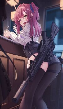 1girl 1other acog angel_ina black_pantyhose black_thighhighs cup drinking_glass drinking_straw gun hair_ornament heterochromia highres holding holding_cup kazusa_(angel_ina) original pantyhose purple_eyes purple_hair red_hair rifle scope shorts sniper_rifle suppressor thighhighs weapon yellow_eyes
