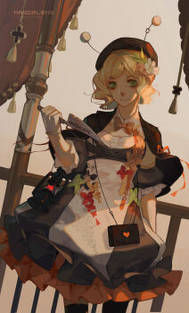 1girl absurdres antennae arm_at_side bag black_dress blonde_hair brown_hat capelet character_name copyright_name dress female_focus flag flower green_eyes hair_flower hair_ornament handbag hat highres holding holding_knife knife lantern magdalene medium_hair railing shali_diyu solo standing the_binding_of_isaac thighhighs