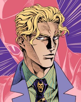 1boy 5altybitter5 blonde_hair closed_mouth coat diamond_wa_kudakenai green_shirt jojo_no_kimyou_na_bouken killer_queen kira_yoshikage looking_at_viewer male_focus necktie portrait purple_coat purple_eyes purple_necktie shirt striped_clothes striped_shirt