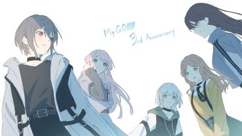 Rule 34 | 5girls, absurdres, anniversary, bang dream!, bang dream! it's mygo!!!!!, black choker, black hair, black hoodie, black necktie, black shirt, blue eyes, brown eyes, brown hair, chihaya anon, choker, commentary request, grey hair, grey jacket, group name, hair between eyes, heterochromia, highres, hood, hood down, hoodie, jacket, kanade (kanade 3344), kaname raana, long hair, long sleeves, mitsuketa keshiki tazusaete, mole, mole under eye, multiple girls, mygo!!!!! (bang dream!), nagasaki soyo, necktie, open mouth, parted bangs, pink hair, purple eyes, shiina taki, shirt, short hair, sidelocks, simple background, suspenders, sweater, takamatsu tomori, tucking hair, white background, white sleeves, yellow eyes, yellow sweater