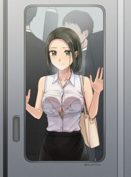 1girl 3boys against_glass black_hair black_skirt bra bra_peek breast_press breasts_on_glass closed_mouth collarbone collared_shirt commentary_request crowded door forehead formal_clothes from_front from_outside green_eyes hand_on_glass highres medium_hair multiple_boys office_lady original pencil_skirt see-through_clothes see-through_shirt setu_kurokawa shirt skirt sleeveless sleeveless_shirt solo_focus standing straight-on subway suit train underwear upper_body variant_set white_shirt