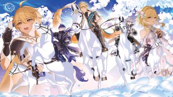 1girl 6+boys :o absurdres aether_(genshin_impact) ahoge albedo_(genshin_impact) antenna_hair armored_boots black_boots black_capelet black_coat black_gloves black_horns black_ribbon black_shirt blonde_hair blue_eyes blue_hair blue_sky boots braid braided_ponytail bridle brown_gloves brown_shirt cape capelet chest_harness cloud coat collared_capelet colored_eyelashes commentary_request crossed_bangs day dragon_boy dragon_horns dragon_tail dress durin_(genshin_impact) earrings elbow_gloves eyelashes facial_scar falling_petals fingerless_gloves flins_(genshin_impact) floating_hair flower fur-trimmed_coat fur_trim genshin_impact gloves gradient_hair grey_coat grey_hair grey_pants grin hair_between_eyes hair_flower hair_intakes hair_ornament half_up_half_down_braid hand_up hands_up harness highres holding holding_reins hood hood_down hooded_coat horns horse horseback_riding illuga_(genshin_impact) jewelry kamino_eru knee_pads lace-up_boots lapels long_hair long_sleeves lumine_(genshin_impact) medium_hair mole mole_under_eye multicolored_hair multiple_boys open_clothes open_coat open_mouth outdoors own_hands_together pants parted_bangs parted_lips partially_fingerless_gloves petals purple_hair purple_shirt red_eyes red_hair reins ribbon riding scar scar_on_arm scar_on_cheek scar_on_face shirt short_hair short_hair_with_long_locks short_sleeves sidelocks single_braid single_earring single_hair_intake sky sleeve_cuffs sleeveless sleeveless_sweater smile sweatdrop sweater tail teeth thigh_boots thigh_strap turtleneck turtleneck_sweater two-sided_cape two-sided_fabric two-tone_hair upper_teeth_only vambraces varka_(genshin_impact) white_cape white_coat white_dress white_flower white_gloves white_pants white_sweater yellow_cape yellow_eyes