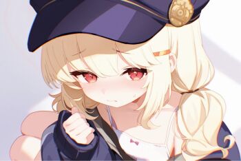 1girl aoba_(blue_archive) blonde_hair blue_archive blue_hat blue_jacket blush bow_camisole breasts camisole chinese_commentary commentary_request fluffy_hair from_above hat highlander_railway_academy_logo jacket jacket_partially_removed long_hair long_sleeves low_twintails newsboy_cap nyarnya open_clothes open_jacket red_eyes small_breasts solo twintails white_camisole