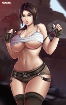 1girlbreasts absurdres belt breasts brown_eyes brown_hair female_focus flowerxl highres huge_breasts lara_croft lara_croft_(classic) large_breasts long_hair no_eyewear pink_lips short_shorts shorts solo solo_focus suspenders tomb_raider underboob wide_hips
