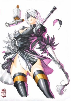 1girl 2b_(nier:automata) acecore2k black_boots black_dress black_hairband black_trim blindfold bob_cut boots breasts cleavage cleavage_cutout clothing_cutout commentary covered_eyes cowboy_shot dress english_commentary feather-trimmed_sleeves feathers from_below gloves hairband highleg highleg_leotard highres holding holding_behind_back holding_sword holding_sword_behind_back holding_weapon holding_weapon_behind_back juliet_sleeves leotard long_sleeves marker_(medium) mole mole_under_mouth nier:automata nier_(series) pen_(medium) pinup_(style) pod_(nier:automata) puffy_sleeves robot signature skindentation solo_focus sword sword_on_back thigh_boots thighhighs thighhighs_under_boots traditional_media virtuous_contract weapon weapon_on_back white_background white_gloves white_hair white_leotard yellow_thighhighs