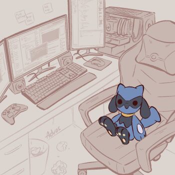 Rule 34 | advos, black fur, blue fur, chair, chibi, computer, computer keyboard, computer mouse, controller, game controller, gaming chair, gen 4 pokemon, looking at viewer, monitor, nintendo, no humans, pokemon, pokemon (creature), riolu, signature, solo, swivel chair, tail, two-tone fur