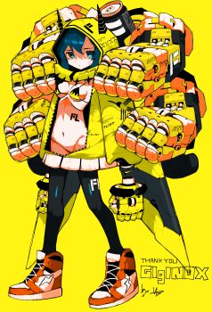 1girl absurdres bikini bikini_top_only black_legwear blue_eyes extra_arms full_body gloves highres hood hood_up horns long_sleeves looking_at_viewer machine machinery muzinneki navel original red_shoes shadow shoes simple_background sneakers solo standing swimsuit thank_you yellow_background yellow_gloves