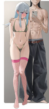 1boy 1girl abs belt bikini black_pants blunt_bangs blush breasts brown_belt cellphone collarbone commentary_request fishnet_thighhighs fishnets grey_bikini high-waist_bikini highres kosubi_(tsuneta328) lize_helesta long_hair medium_breasts mirror_selfie navel nijisanji pants parted_lips phone pink_thighhighs selfie sidelocks smartphone stomach swimsuit thighhighs white_hair